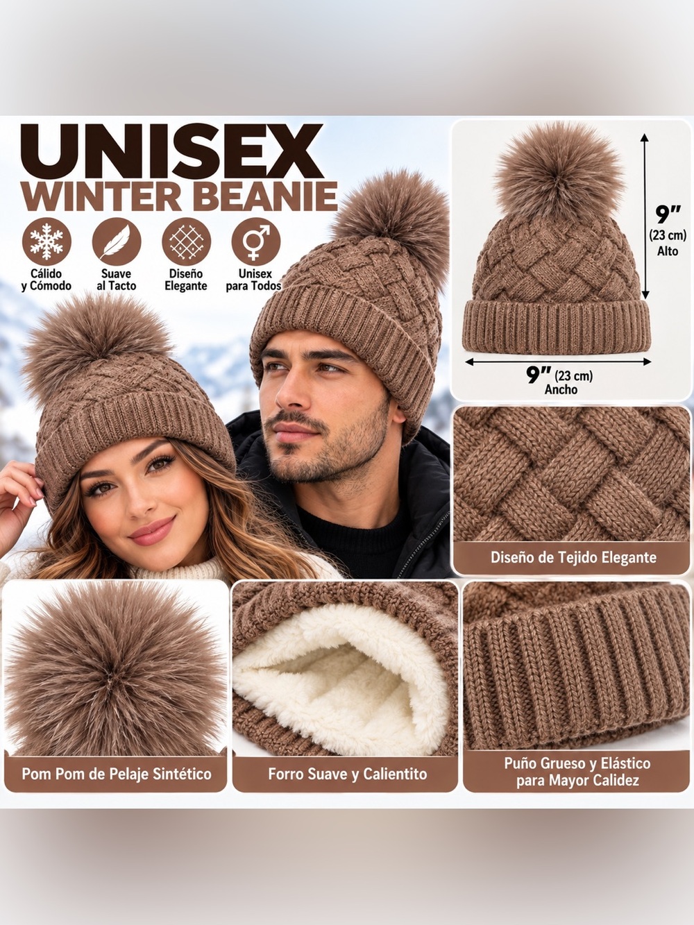 Unisex Winter Knit Beanie Faux Fur Pom Pom Plush Fleece Lined Warm Hat